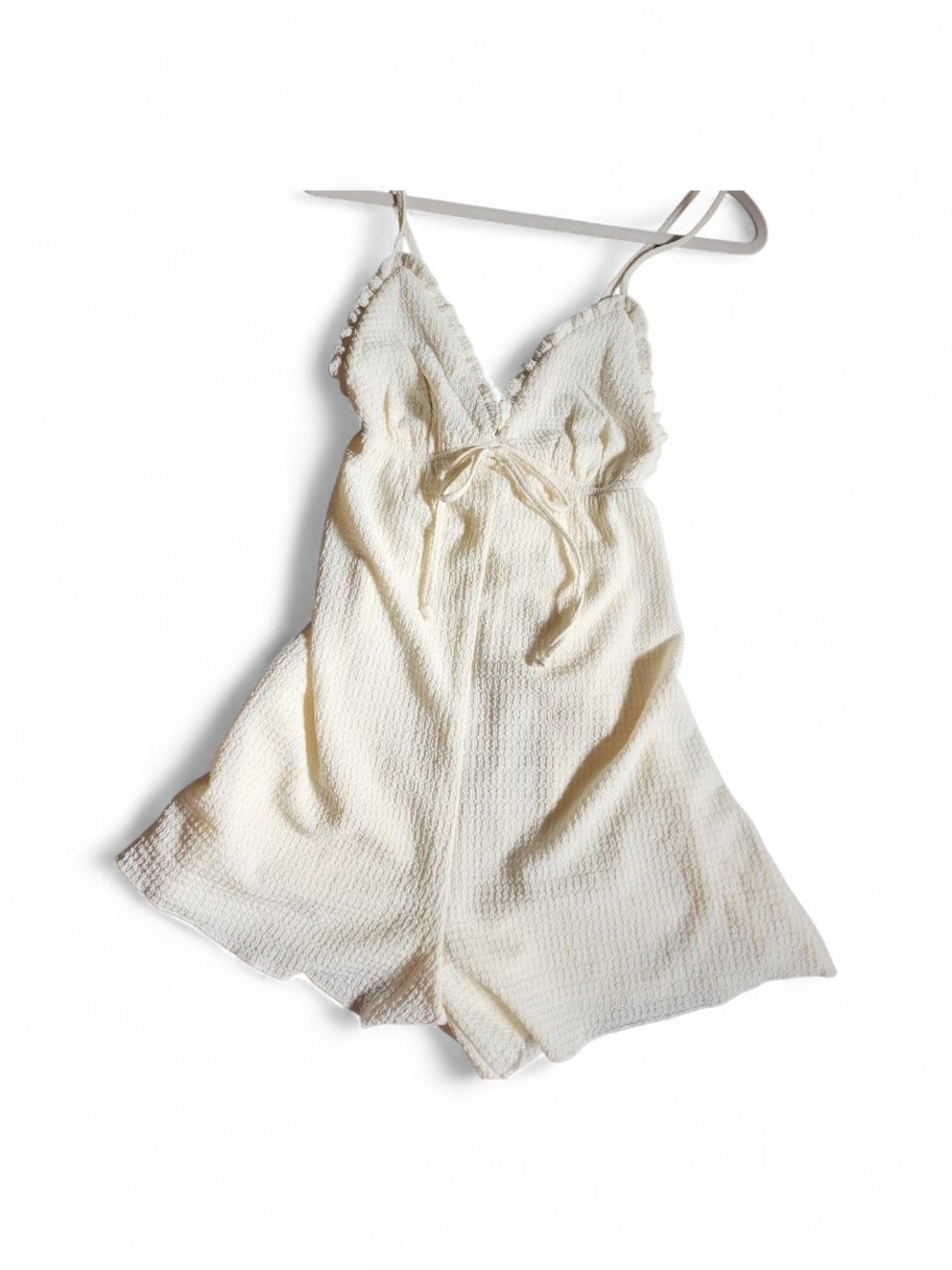 Fashion Nova Cream Lace-Trim Slip Romper